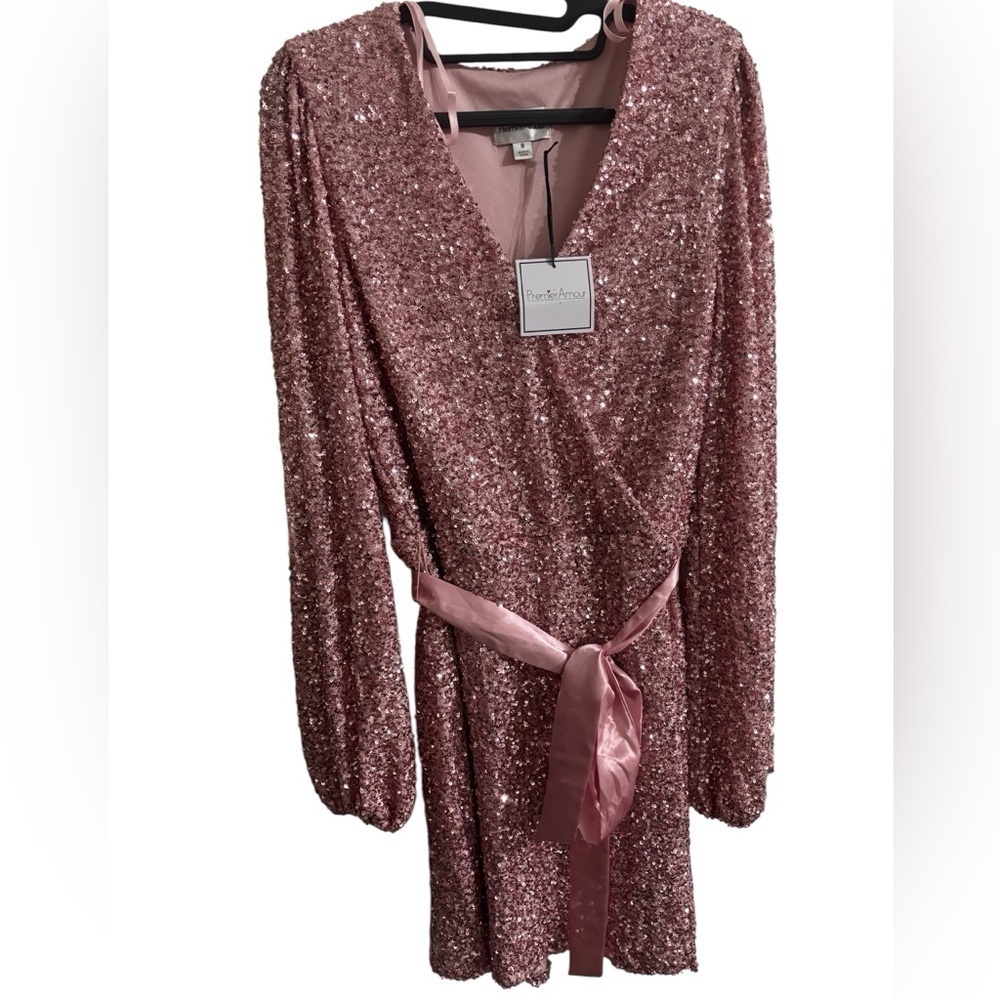 Premier Amour Pink Sequin Wrap Dress with Bishop Sleeves size 8
